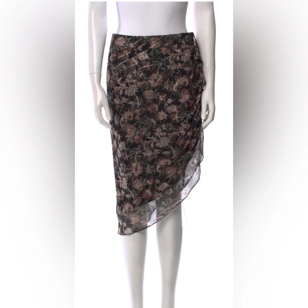 Veronica Beard Luxury Brand Black Floral Ruched Silk Skirt with Gold Accents - Picture 8 of 9